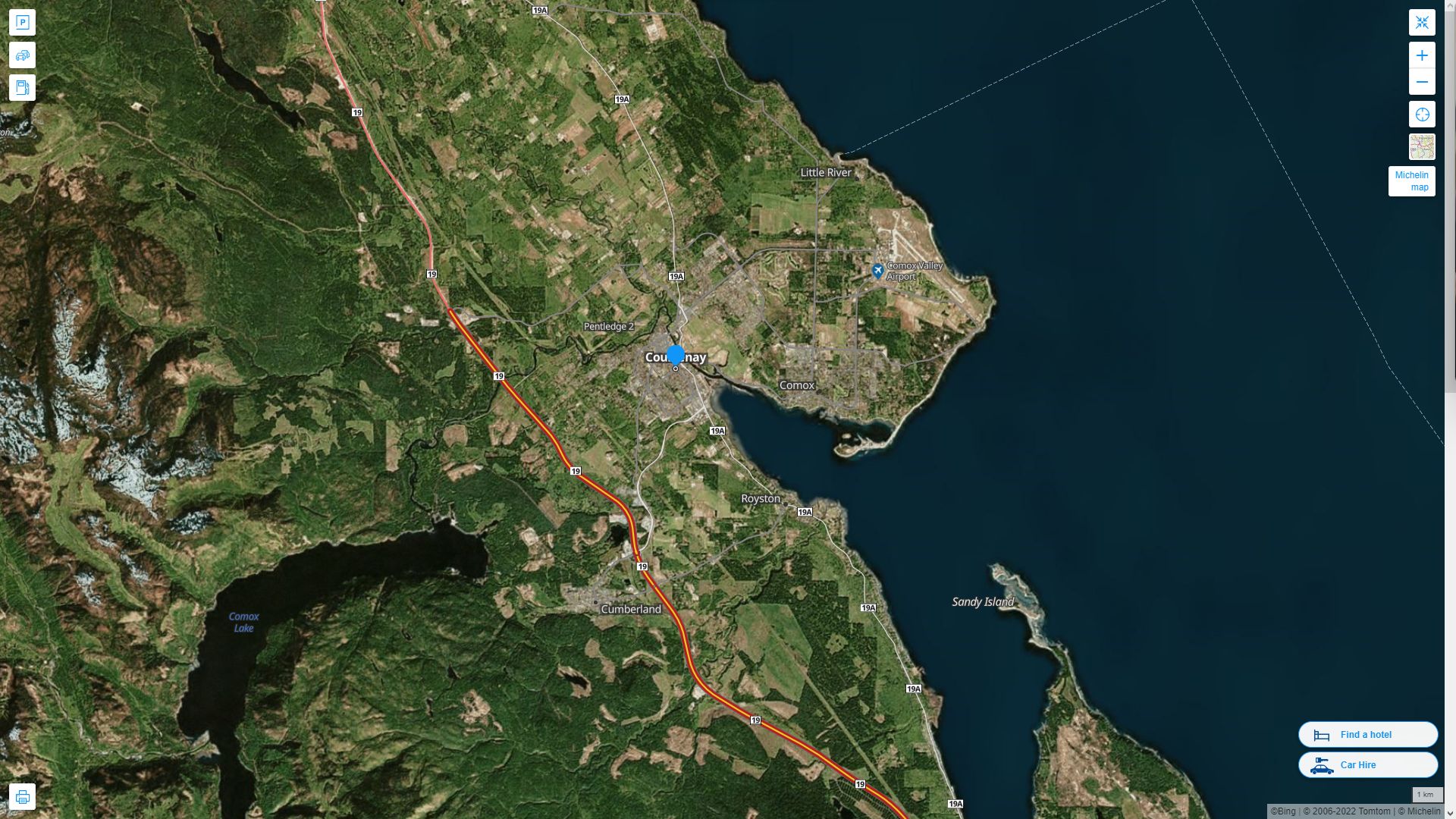 Courtenay Canada Autoroute et carte routiere avec vue satellite